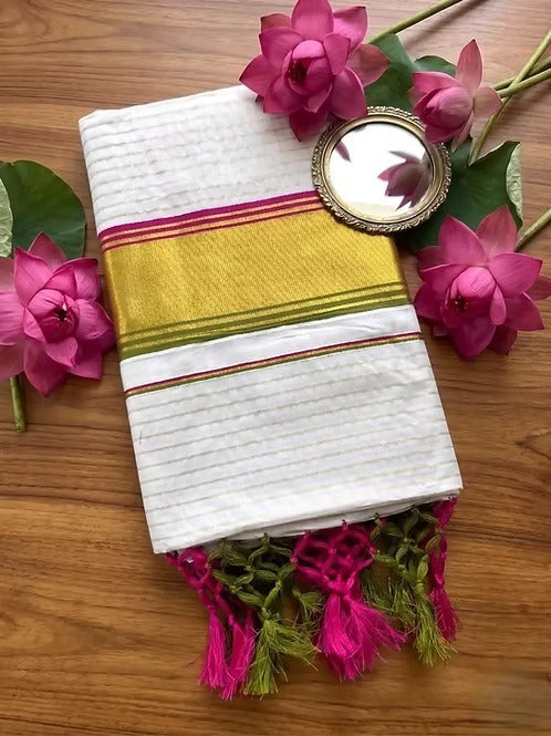 Orange Golden Stripe Kasavu Tissue Saree With Tussel