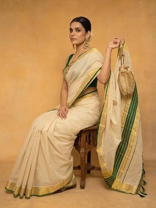 Forest Green Golden Kasavu Stripe Tussel Tissue Saree
