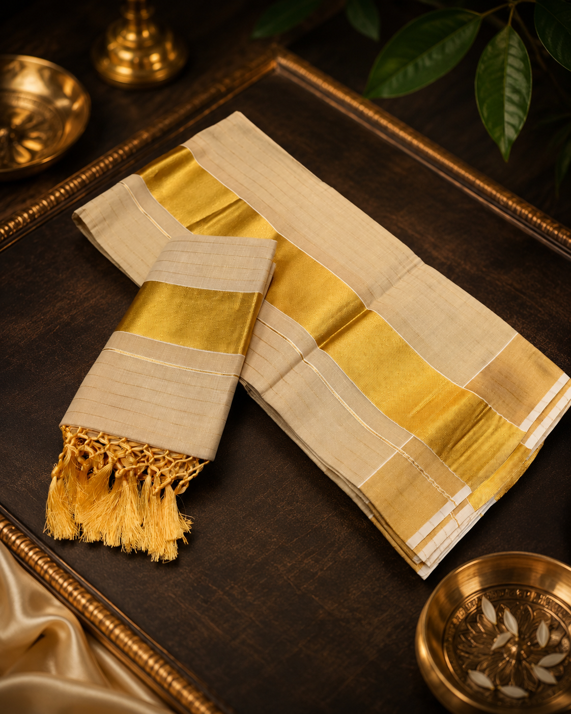 Premium Golden Tissue Kasavu Set Mundu with Tassels