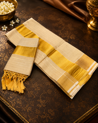Premium Golden Tissue Kasavu Set Mundu with Tassels