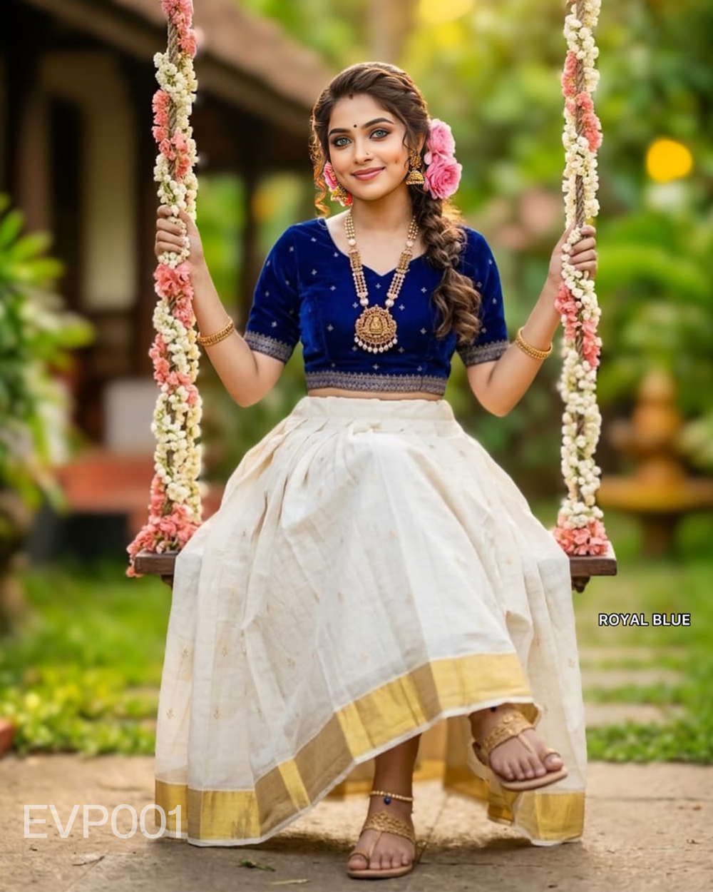PREMIUM VELVET BLOUSE & OFF-WHITE KERALA PAVADA SET