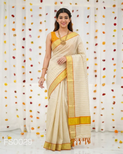 Orange Golden Stripe Kasavu Tissue Saree With Tussel
