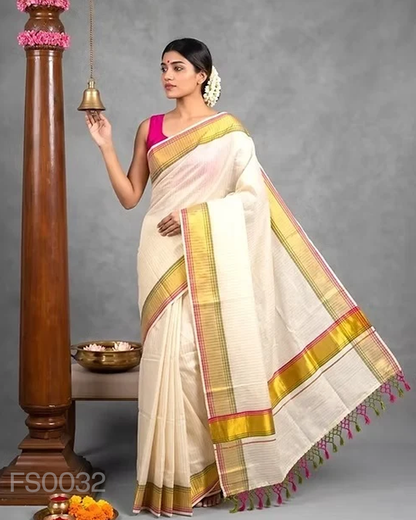 Orange Golden Stripe Kasavu Tissue Saree With Tussel