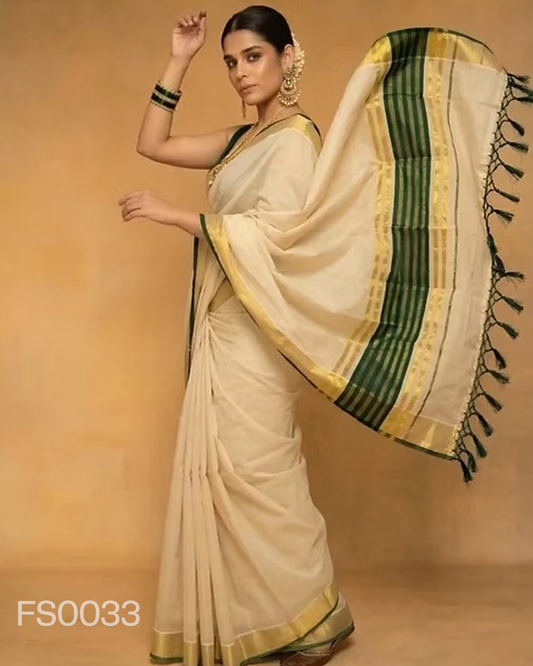 Forest Green Golden Kasavu Stripe Tussel Tissue Saree