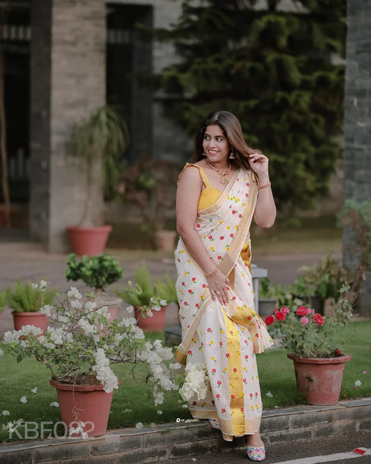 Micro flower golden kasavu cotton set mundu
