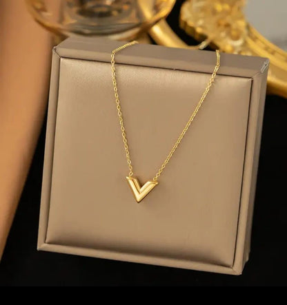 Gold Plated Stainless Steel Anti Tarnish V-Shaped Pendant Necklace