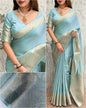 A classy light weight  pastal colors saree with touch of zari weaving jacquard