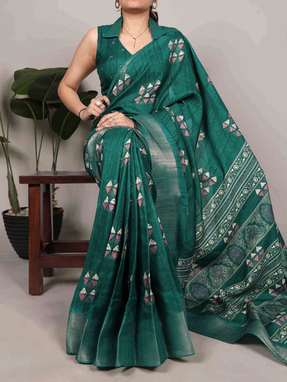Slub Silk Saree with Zari Border  – Elegant Printed Saree