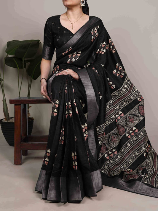Slub Silk Saree with Zari Border  – Elegant Printed Saree