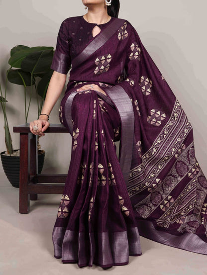 Slub Silk Saree with Zari Border  – Elegant Printed Saree