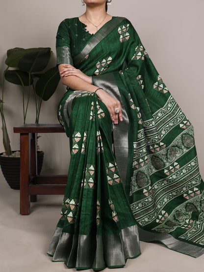 Slub Silk Saree with Zari Border  – Elegant Printed Saree