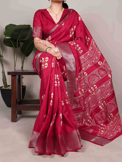 Slub Silk Saree with Zari Border  – Elegant Printed Saree