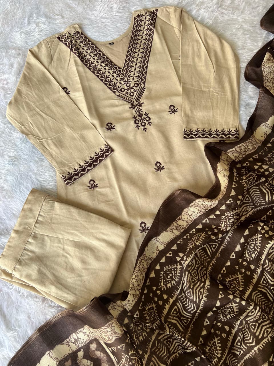 Khadi Cotton Kurti Pant Dupatta Set