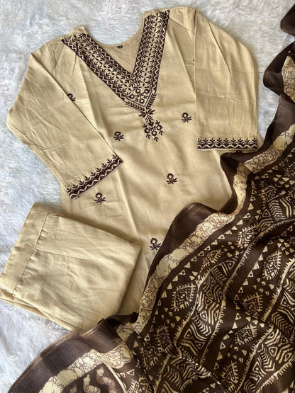 Khadi Cotton Kurti Pant Dupatta Set
