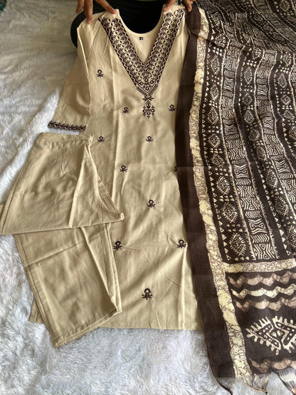 Khadi Cotton Kurti Pant Dupatta Set