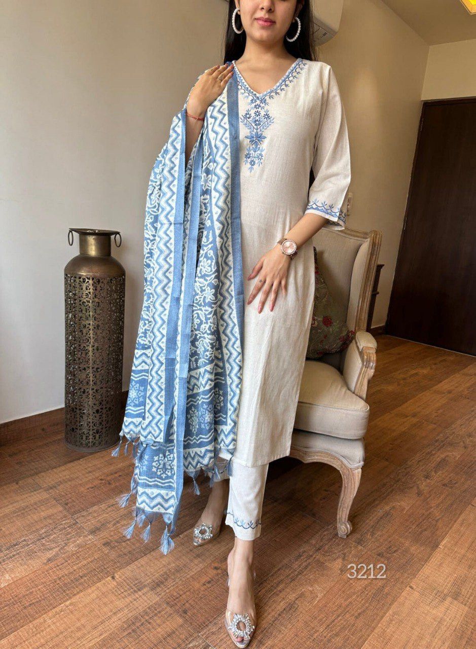 Khadi Cotton Kurti Pant Dupatta Set