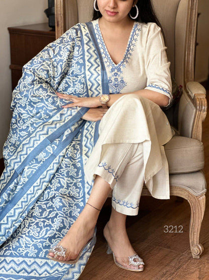 Khadi Cotton Kurti Pant Dupatta Set