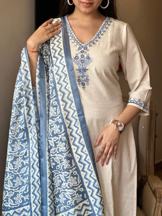 Khadi Cotton Kurti Pant Dupatta Set