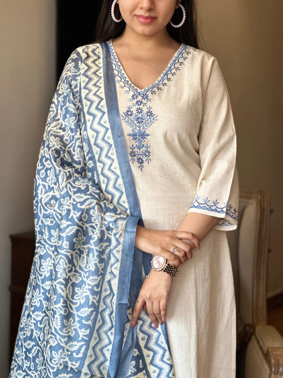 Khadi Cotton Kurti Pant Dupatta Set