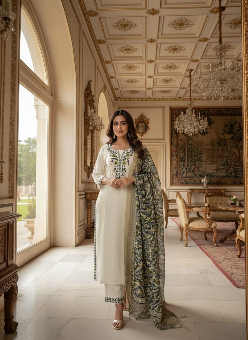 Khadi Cotton Kurti Pant Dupatta Set