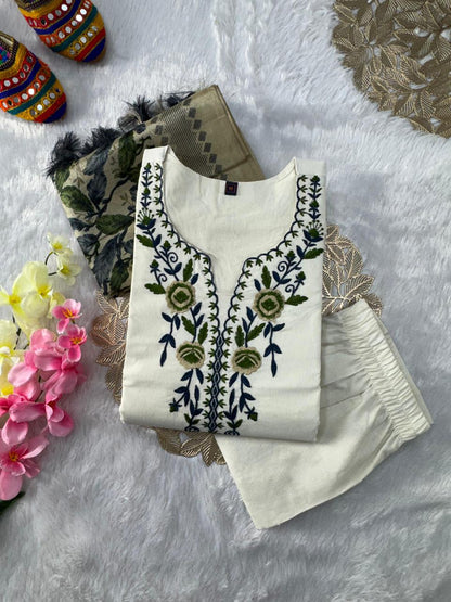 Khadi Cotton Kurti Pant Dupatta Set