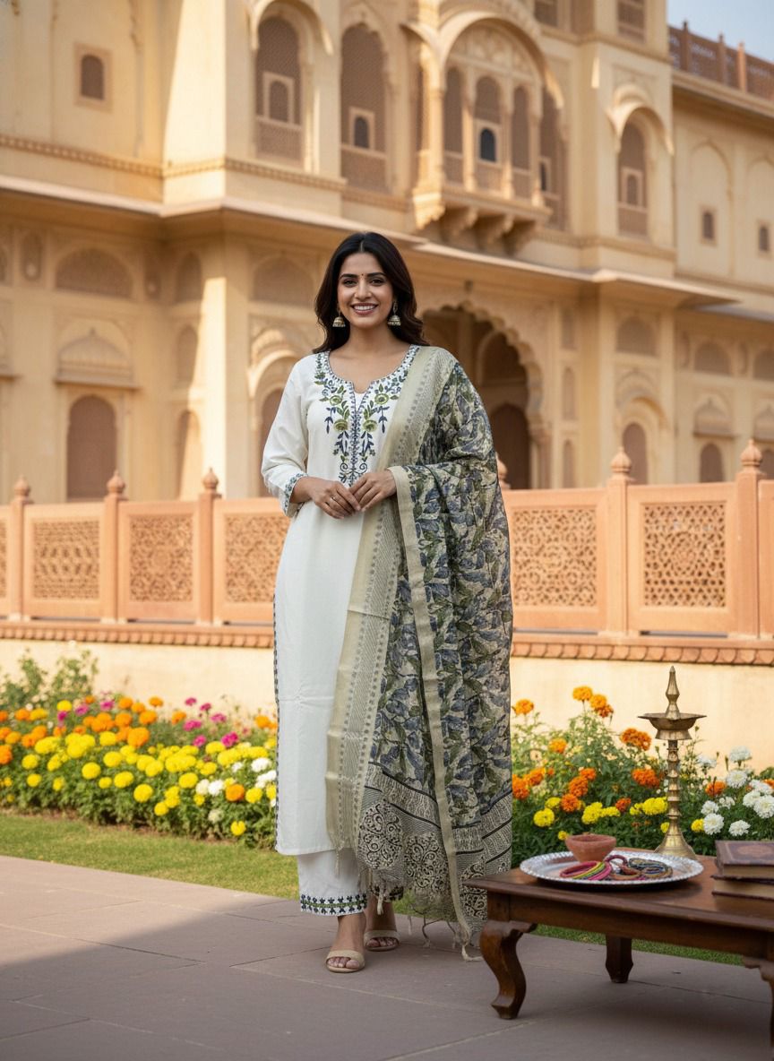 Khadi Cotton Kurti Pant Dupatta Set