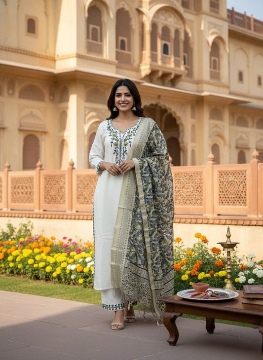Khadi Cotton Kurti Pant Dupatta Set