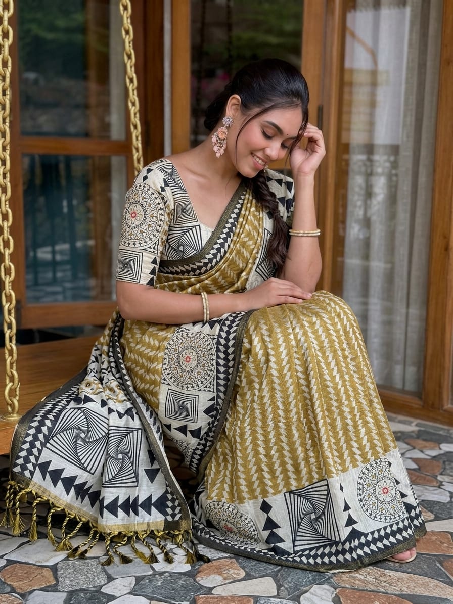 geometric design Dola silk saree perfectly