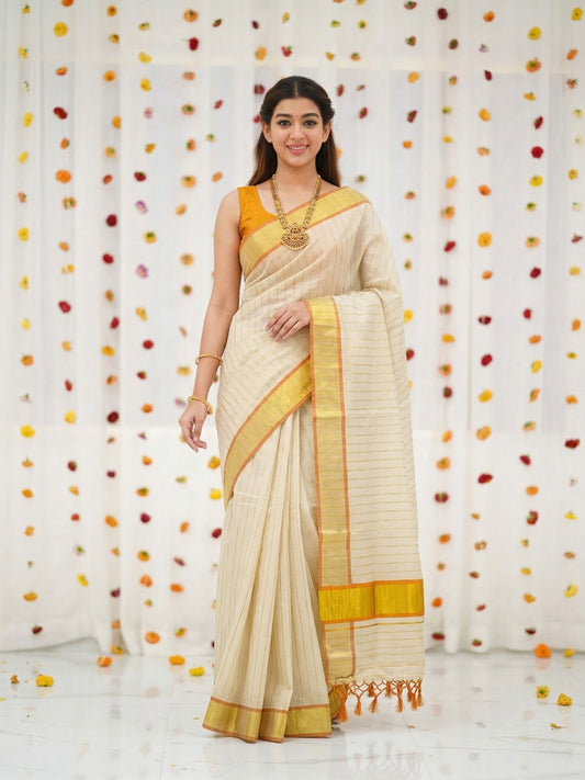 Orange Golden Stripe Kasavu Tissue Saree With Tussel