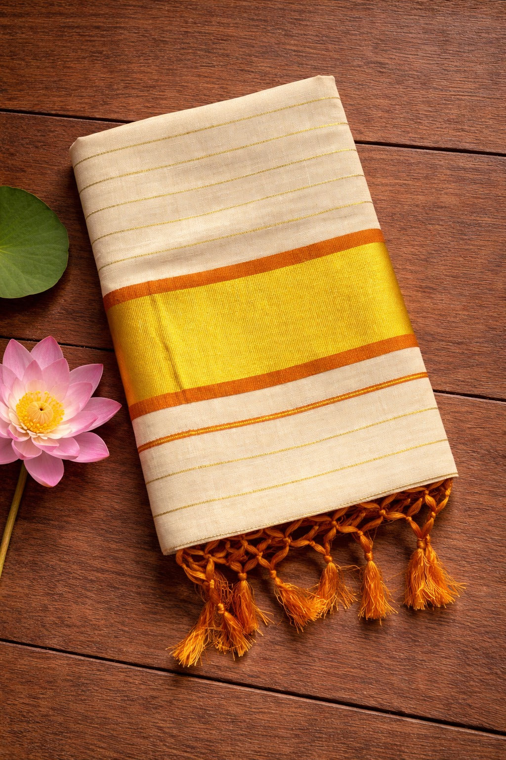 Orange Golden Stripe Kasavu Tissue Saree With Tussel