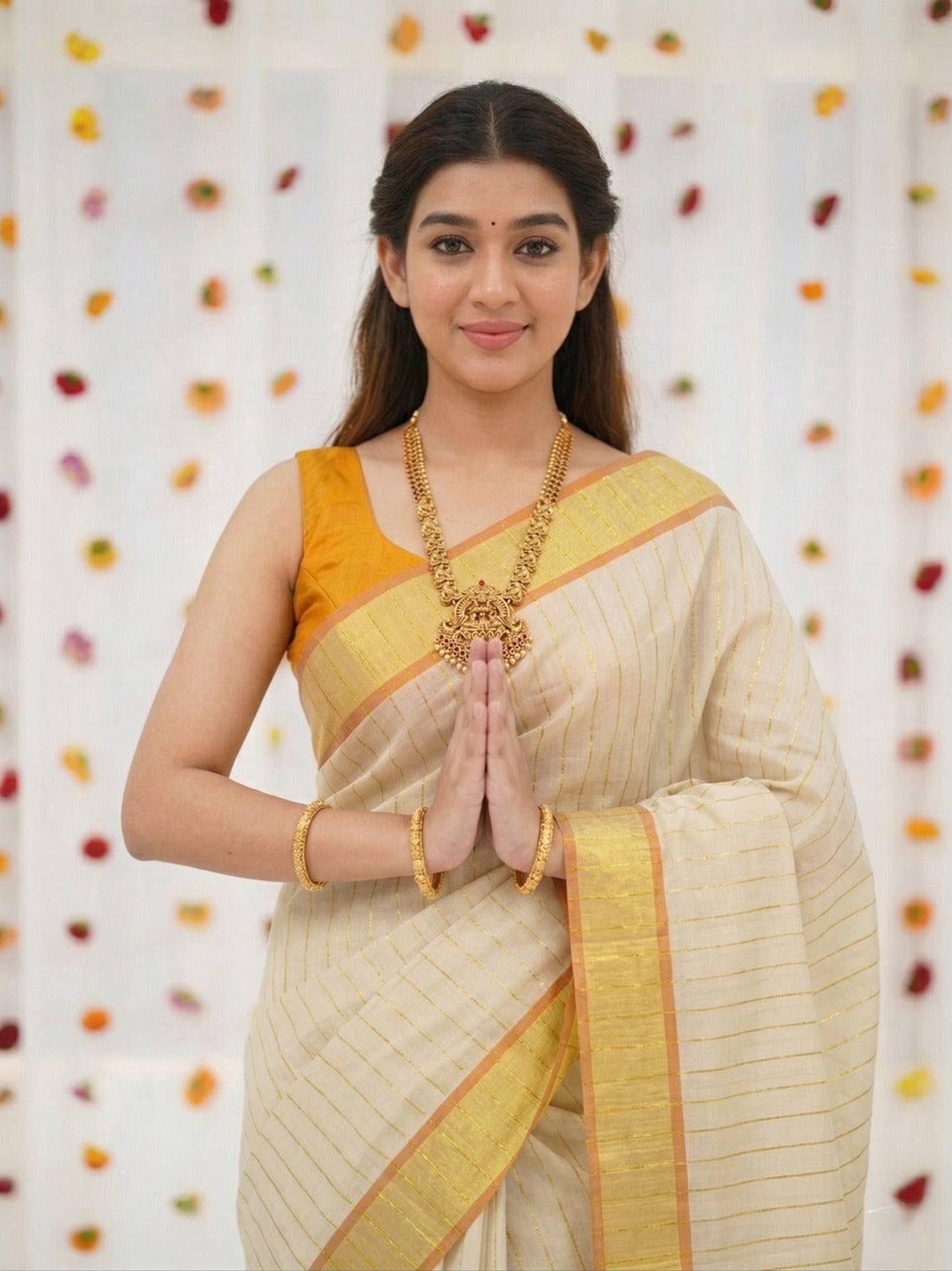 Orange Golden Stripe Kasavu Tissue Saree With Tussel