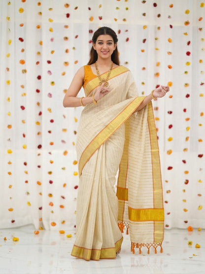 Orange Golden Stripe Kasavu Tissue Saree With Tussel