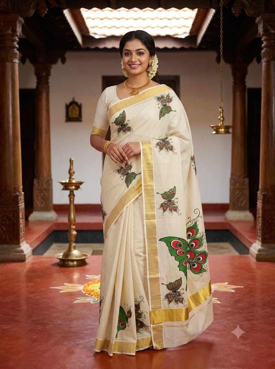 Butterfly and peacock Printed design  saree