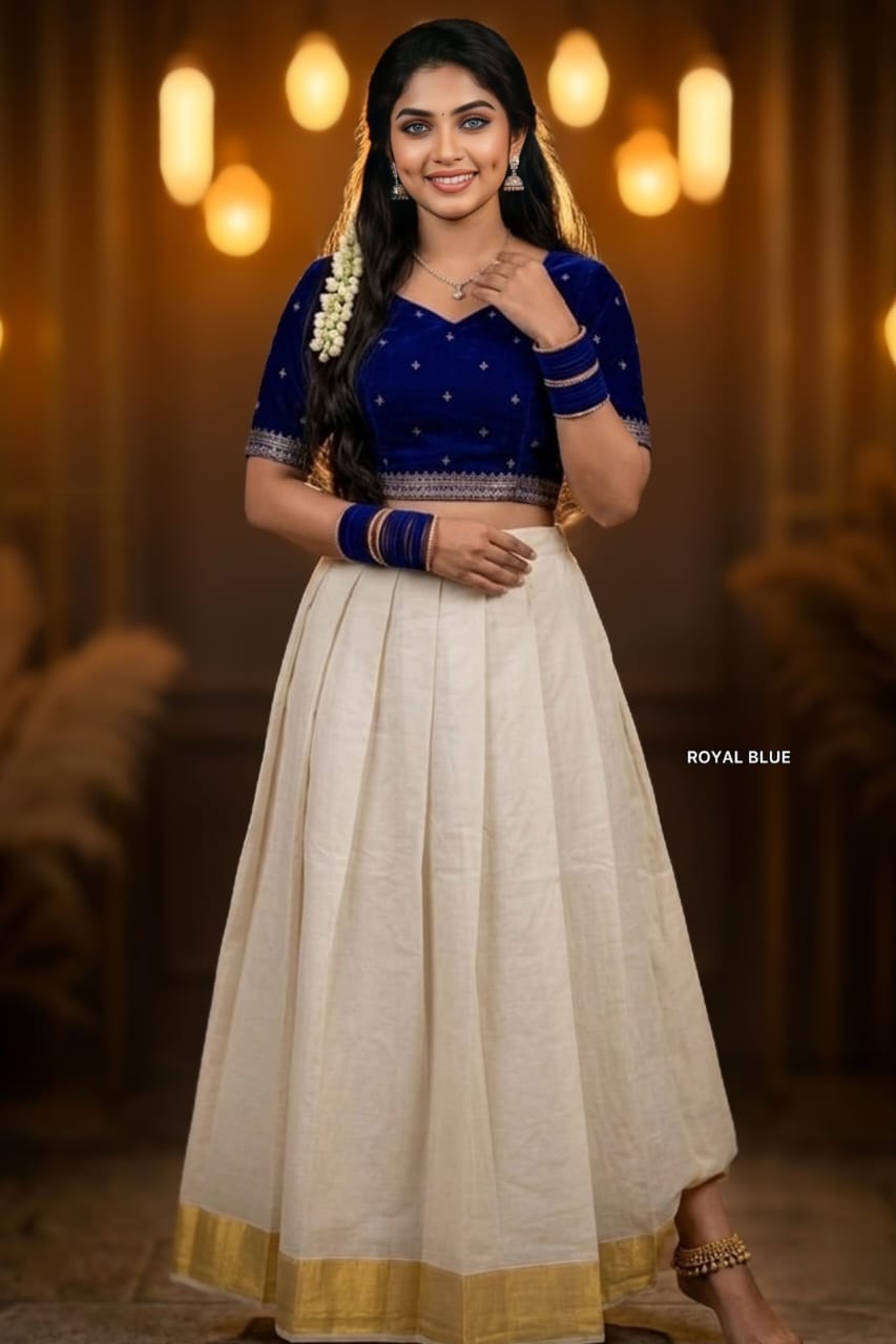PREMIUM VELVET BLOUSE & OFF-WHITE KERALA PAVADA SET