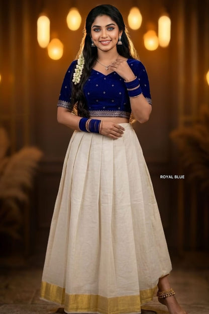 PREMIUM VELVET BLOUSE & OFF-WHITE KERALA PAVADA SET