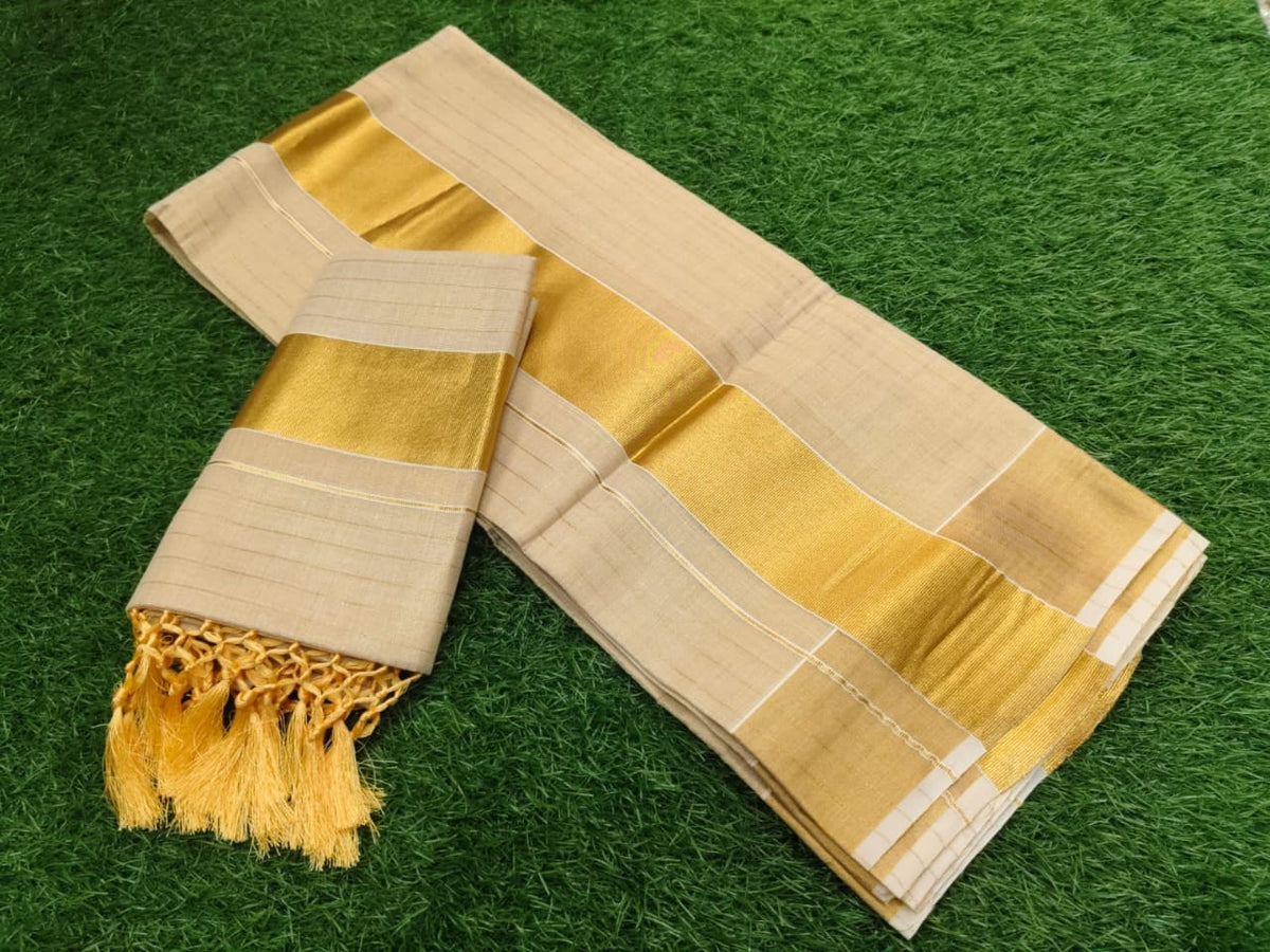 Premium Golden Tissue Kasavu Set Mundu with Tassels