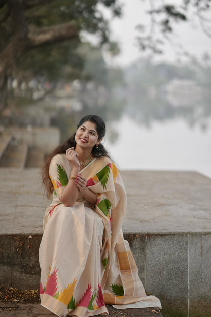 Multi colour Temple Golden tissue saree