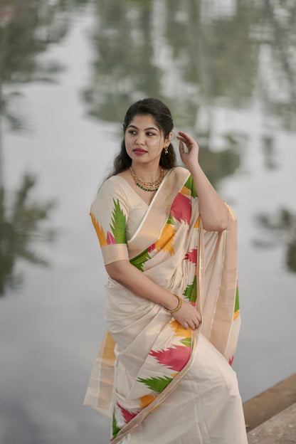 Multi colour Temple Golden tissue saree