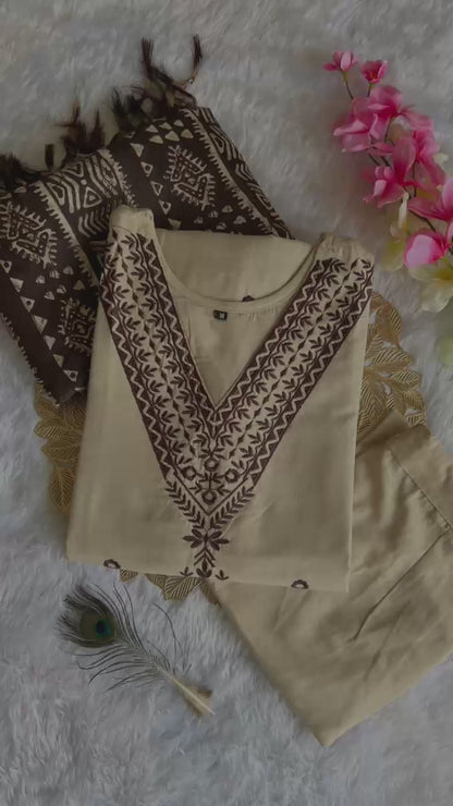 Khadi Cotton Kurti Pant Dupatta Set