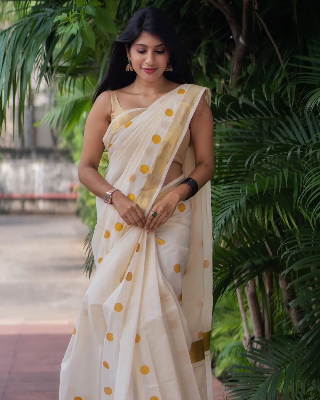 Golden polka cotton saree