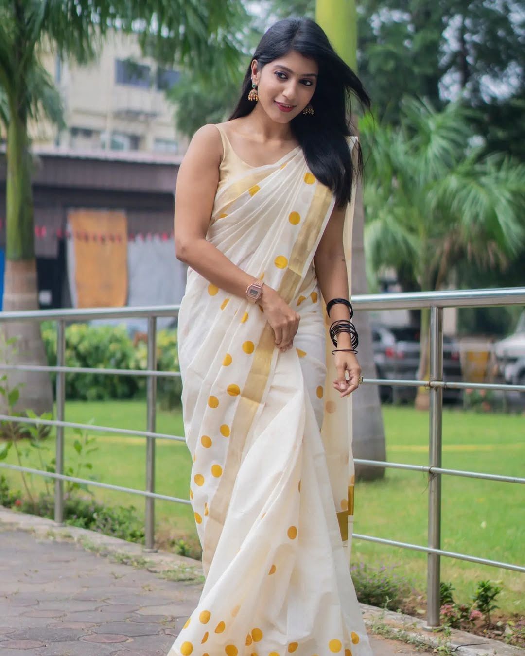 Golden polka cotton saree