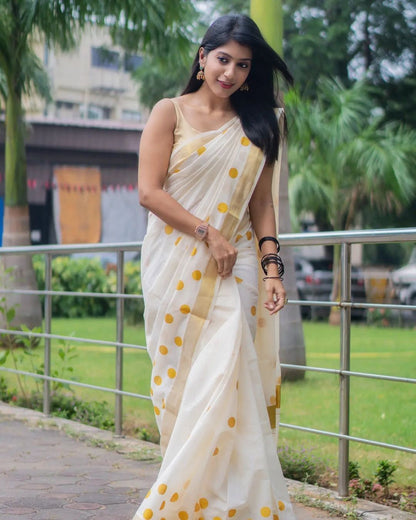 Golden polka cotton saree