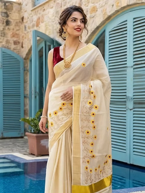 Surajmukhee Embroidery Golden Tissue Saree with Blouse