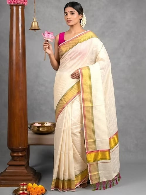 Orange Golden Stripe Kasavu Tissue Saree With Tussel