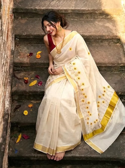 Surajmukhee Embroidery Golden Tissue Saree with Blouse