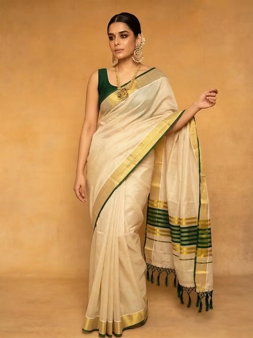 Forest Green Golden Kasavu Stripe Tussel Tissue Saree