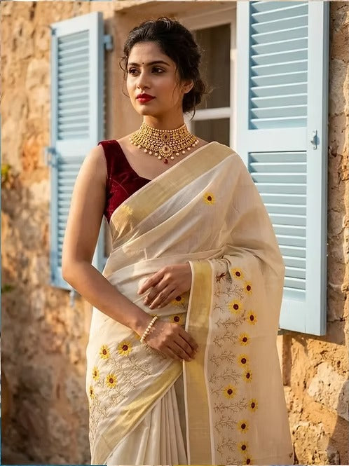 Surajmukhee Embroidery Golden Tissue Saree with Blouse