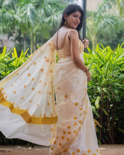 Golden polka cotton saree