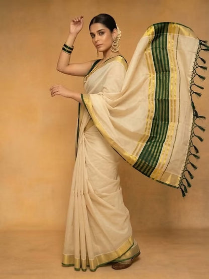 Forest Green Golden Kasavu Stripe Tussel Tissue Saree