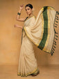 Forest Green Golden Kasavu Stripe Tussel Tissue Saree